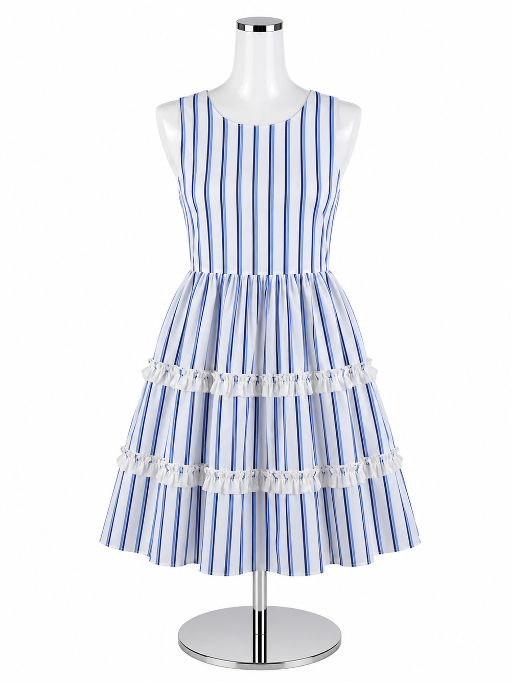 Eliza J Blue Stripe Tiered Ruffle Cotton A-Line Dress Size 14